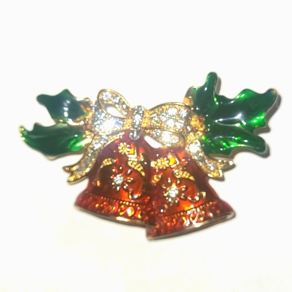 Kim Rogers Christmas Bells Brooch Red Green Enamel Crystal Bow Holiday Jewelry